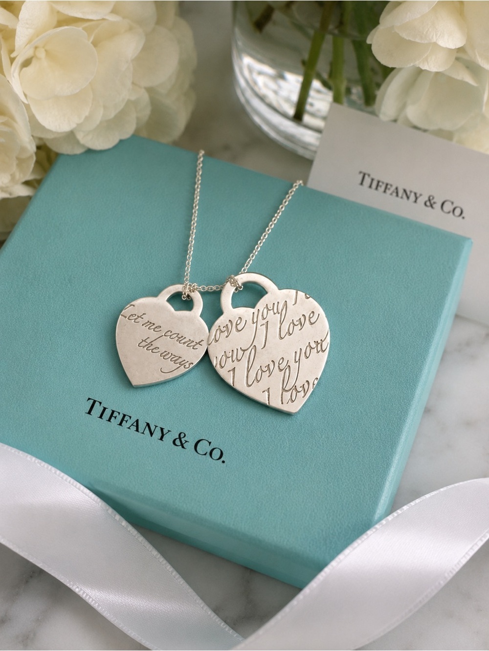 Rare Tiffany & Co. “How Do I Love You” Double Heart Pendant Necklace 15.78”
